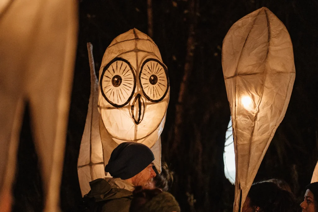 Close-up of an owl-shaped illuminated lantern, glowing warmly in the dark during a nighttime festival parade.