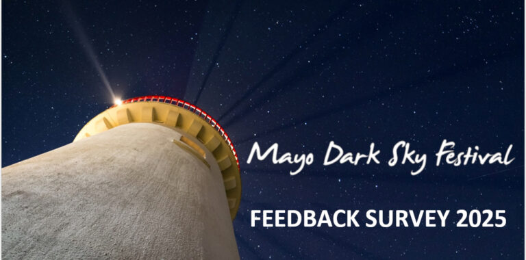 Lighthouse night sky with stars, promoting Mayo Dark Sky Festival 2025 feedback survey.
